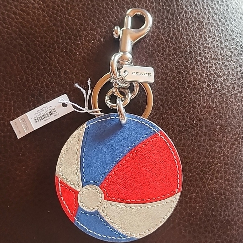 Coach Round Leather Beachball Keychain Bag Charm in Red, Blue & Cream NWT - Picture 2 of 7